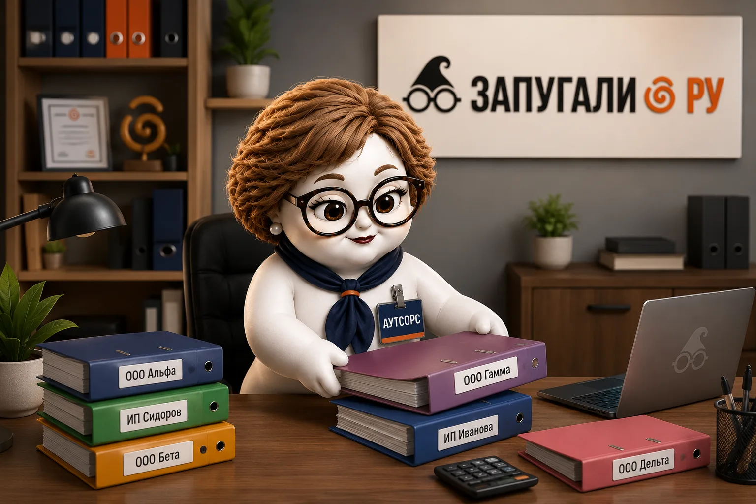 Маскот Запугали.ру и бухгалтер раскладывают на столе стопки документов по категориям
