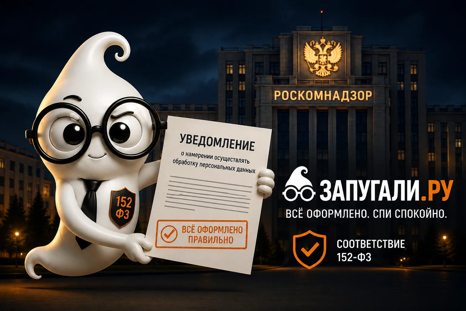 Маскот Запугали.ру уверенно держит в лапах готовое уведомление со штампом-галочкой — образ «всё оформлено правильно», на фоне силуэт здания Роскомнадзора