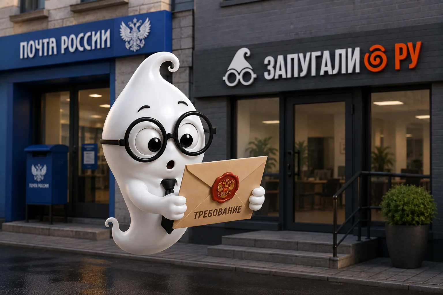 Маскот Запугали.ру держит конверт с гербовой печатью